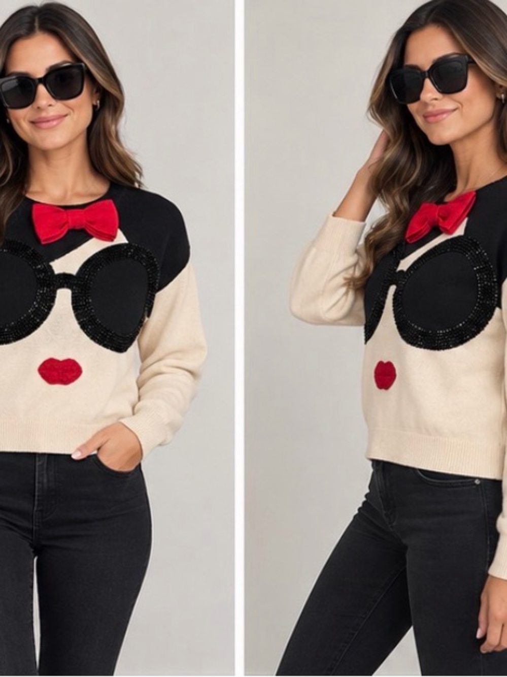 Alice + Olivia Cream Sweater with Black Sequin Sunglasses and Red Bow
